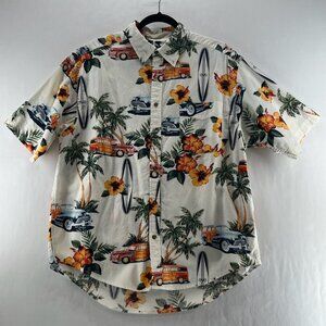 Puritan Hawaiian Shirt Sz L Button Down Short Sleeve Surfboard Palm White Yellow